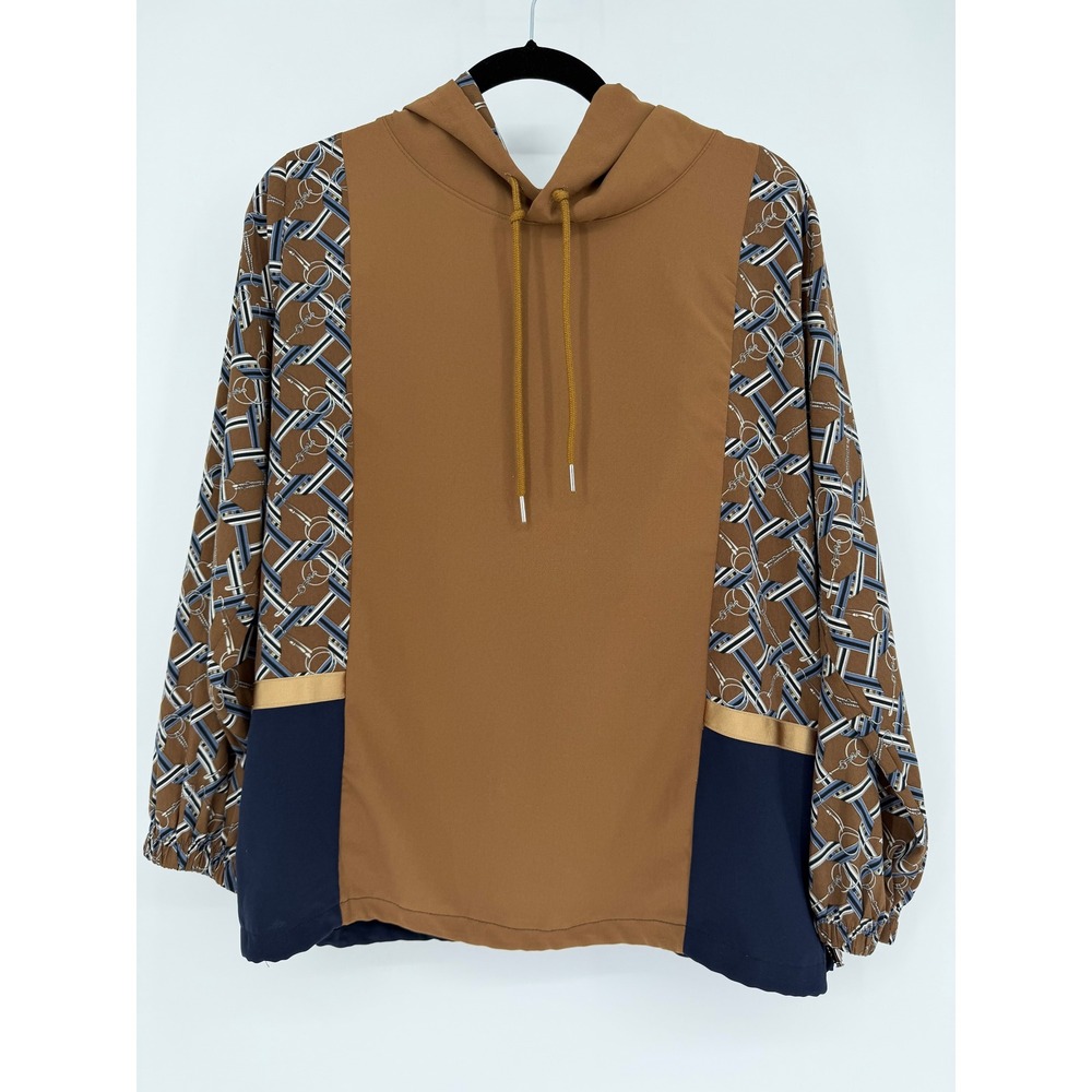 Jedina Timeless Brown Navy Chain Print Mixed Media Hoodie Pullover Top Korea